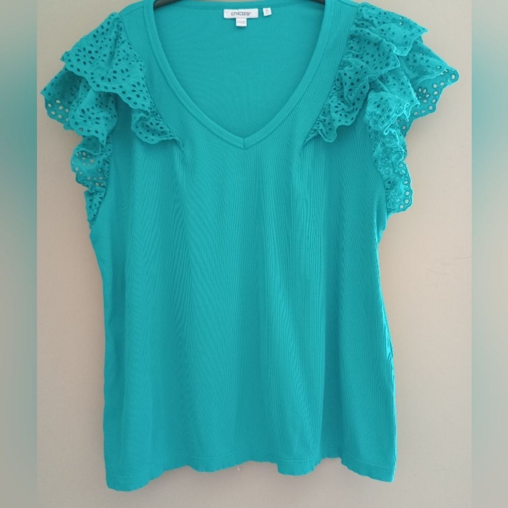 Chico's Teal Eyelet Cap Sleeve T Shirt Size Large